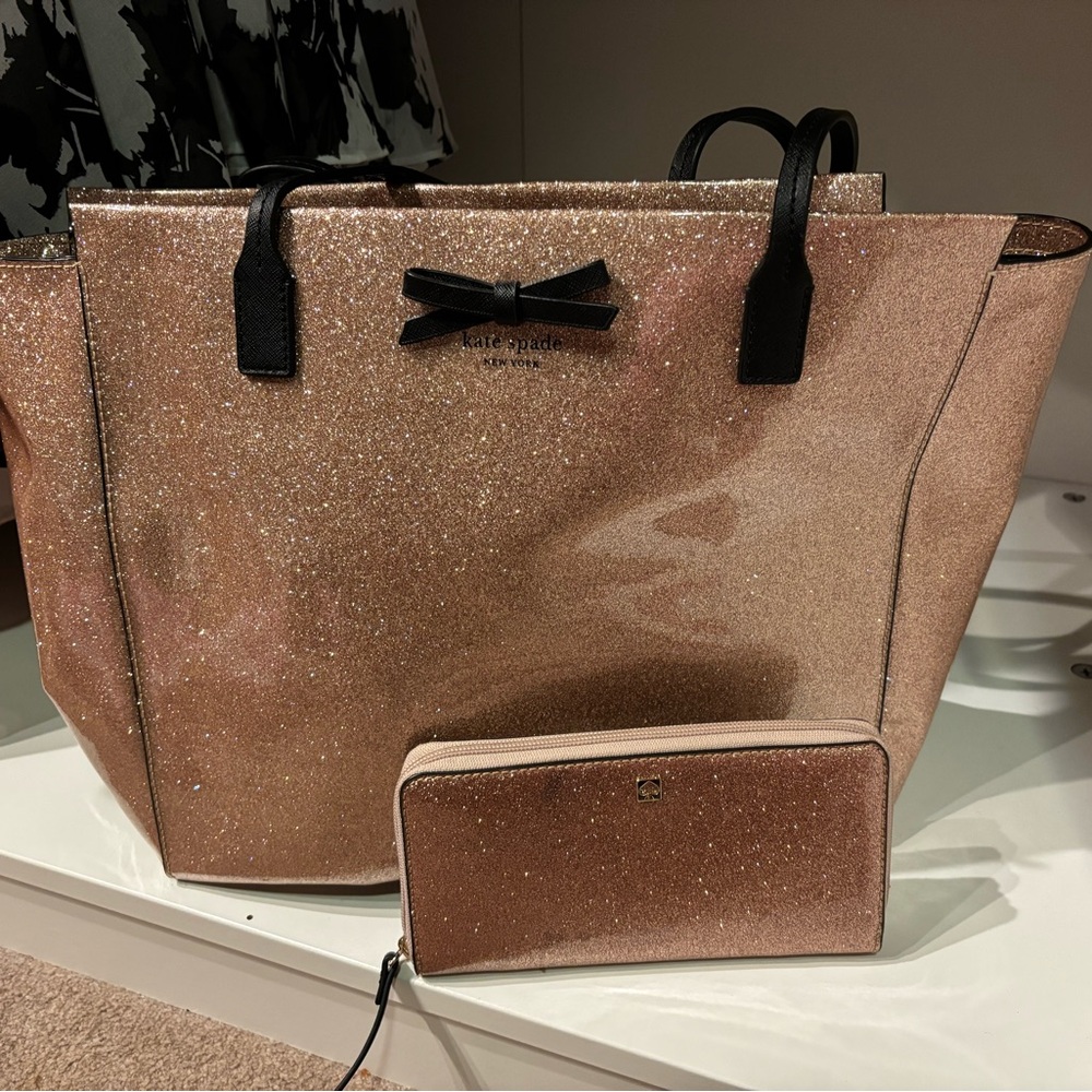 Kate Spade Glitter Tote and Wallet Set - Rose Gold/Copper and Black